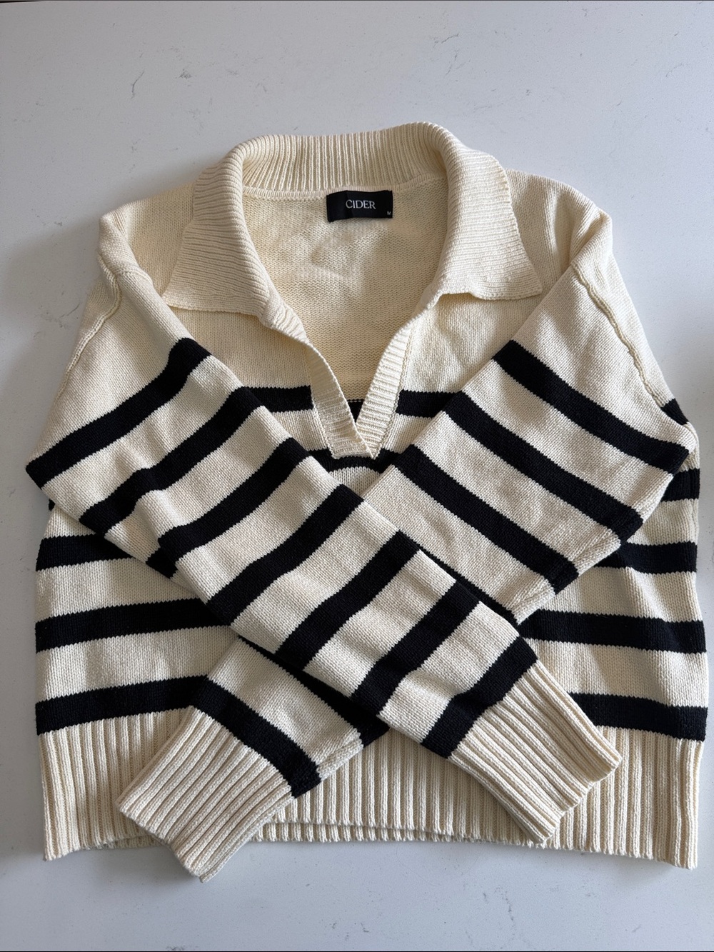 Cider Cream and Black Striped V-Neck Collared Sweater